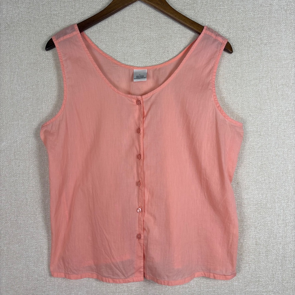 Vintage Coral Pink Cotton Button Down Tank Top Sleeveless Sheer Blouse Large